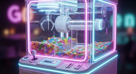 Illuminated arcade claw machine filled with colorful confectionery awaits player interaction