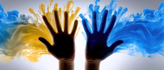 Colorful abstract rainbow formed by a child's hands silhouetted against vibrant watercolors on clear glass under bright studio lighting