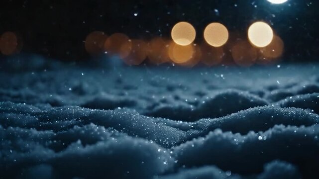 A snowy field under starry sky with city lights in the background, perfect for winter or nighttime scenes