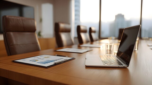 Professional empty boardroom with a polished wood table a laptop financial charts and leather chairs bathed in natural light from large