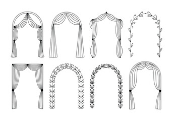 Elegant vector archways with curtains and botanical decorations