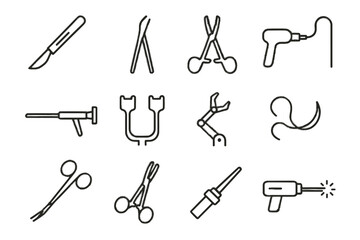 Fototapeta premium Icon device thread surgical laser retractors vector camera instruments gripper scalpel icons