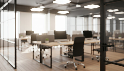 Stylish office scene displays computer equipped desks aligned within a bright room, with soft blur contributing to a peaceful atmosphere suited for productive daily routines.