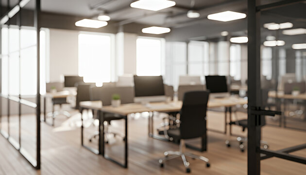Stylish office scene displays computer equipped desks aligned within a bright room, with soft blur contributing to a peaceful atmosphere suited for productive daily routines.
