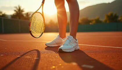 Woman tennis player stands on clay court with racket at sunrise. Close-up of female legs in white sneakers ready for sport match workout. Girl enjoys active lifestyle, fitness training outdoors on