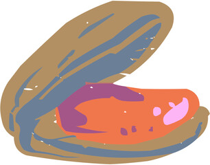 A vibrant, stylized vector illustration of an opened mussel (or clam) shell, revealing the meat inside. Perfect as a menu icon, fish market graphic, or for promoting Mediterranean cuisine.