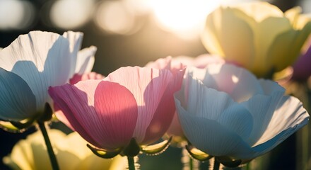 Delicate white and pink flowers with yellow accents blooming under warm golden sunlight at dawn or dusk, tranquil.