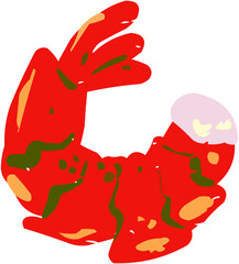 A vibrant, stylized vector illustration of a small, curled pink shrimp or prawn. Essential element for food icons, sushi restaurant menus, or seafood recipe blogs.