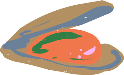 A vibrant, stylized vector illustration of an opened mussel (or clam) shell, revealing the meat inside. Perfect as a menu icon, fish market graphic, or for promoting Mediterranean cuisine.