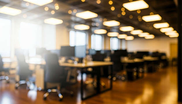 Bright light fills a clean open office environment featuring organized desks, ergonomic chairs, and reflective wooden flooring captured in a softly blurred style that conveys a productive setting.
