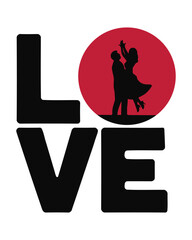 Love and dancing couple on a background of red full moon