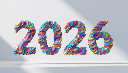 Colorful number 2026 made of paint strokes stands against a white wall in a studio, symbolizing the upcoming year with a vibrant and optimistic mood.