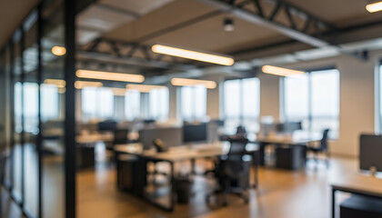 Contemporary workspace features an open layout with structured desk clusters, sleek seating, expansive windows, and warm overhead lights that give the scene a calm blurred aesthetic.