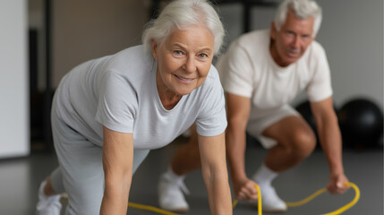 Active Seniors Engaging in Fun Exercise with Jump Ropes at Gym
