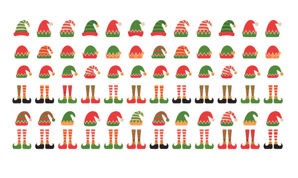 Collection of christmas elf hats and legs isolated on white background
