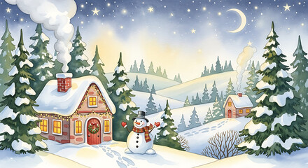 Winter scene with cozy house under snow and sparkling stars in night sky creates holiday mood. Winter scene evokes peaceful, festive spirit with snowman and snow-covered landscapes.