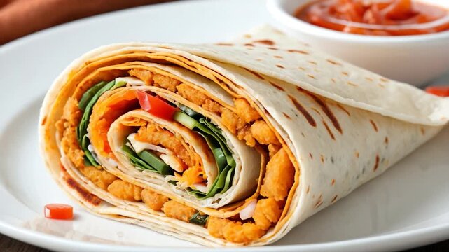 A delicious tortilla wrap served with a bowl of spicy salsa for dipping