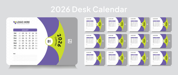 Trendy desk calendar 2026 template, corporate desk calendar schedule 2026 monthly 12-page planner layout, editable vector eps 10 file format