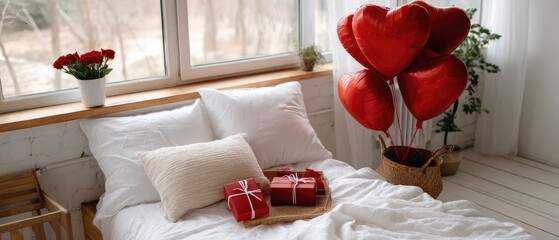 Valentine's Day bedroom decor with heart-shaped balloons and romantic gift boxes offers a cozy and loving atmosphere for celebrations