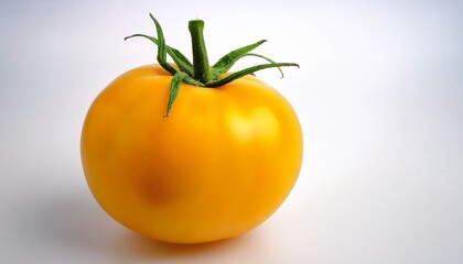 a single perfectly ripe vibrant sunny yellow tomato with fresh green stem and calyx in sharp focus against a white background with copy space concept of organic freshness and healthy eating
