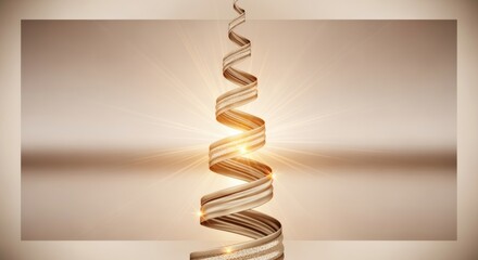 Satin ribbon folds form a spectacular golden ribbon spiral twisting gracefully upward with shimmering metallic champagne edges and soft light beams. Abstract elegant concept