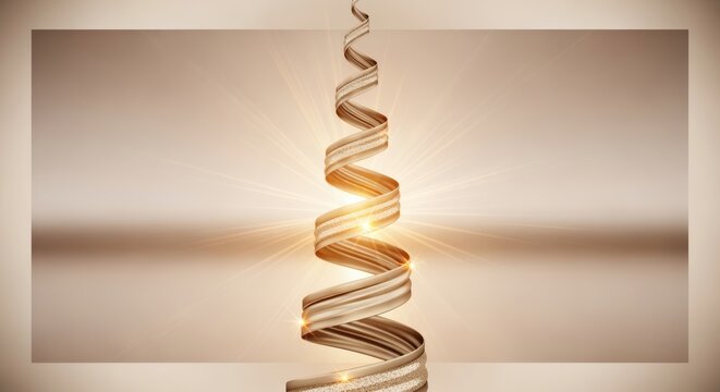 Satin ribbon folds form a spectacular golden ribbon spiral twisting gracefully upward with shimmering metallic champagne edges and soft light beams. Abstract elegant concept