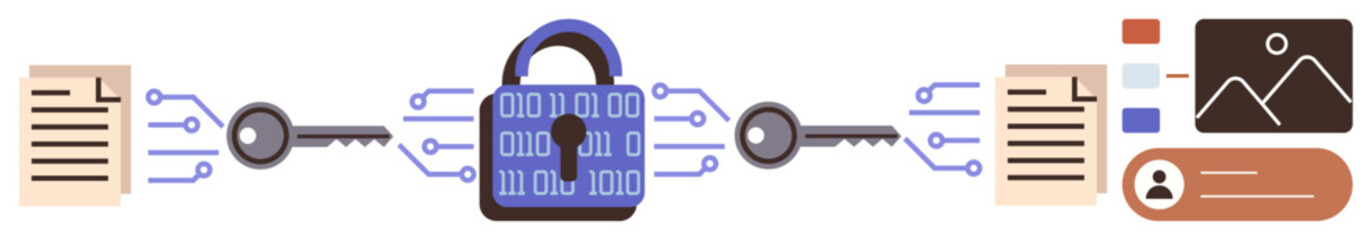 Data files, digital keys, and padlock illustrating encryption flow. Ideal for cybersecurity, privacy, protection, data safety, communication security, encryption basics simple flat metaphor