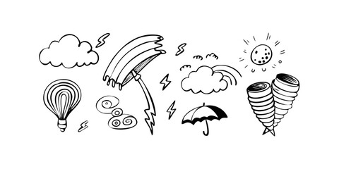 Weather icons tornado lightning rainbow clouds vector