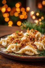 Holiday dumplings served on a rustic plate with fried onions and herbs glow in warm Christmas light, evoking comfort and festive tradition.