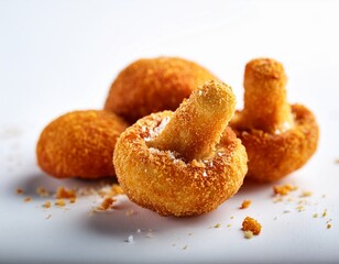 golden crispy fried mushrooms bite sized with textured breading and scattered crumbs on a seamless white background close up with soft studio light concept of delicious crispy snack