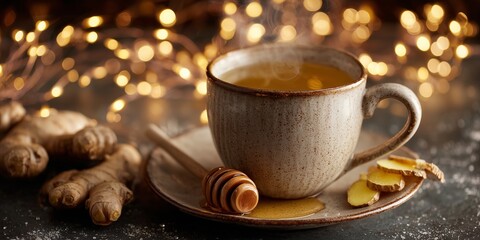Hot ginger herbal infusion in a ceramic cup with honey stick and ginger slices glows warmly amid soft fairy lights.