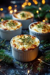 Individual potato gratins baked in tiny ramekins, sprinkled with herbs, sit among pine branches and soft string lights for a cozy festive feel.