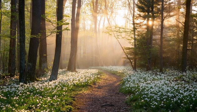 sunlit forest path carpeted with white blossoms ethereal mist golden hour glow
