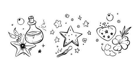 Whimsical doodle elements stars and swirls sketch drawing