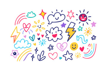 Whimsical doodle elements with happy faces and stars