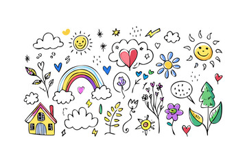Whimsical doodle elements with house rainbow and sun