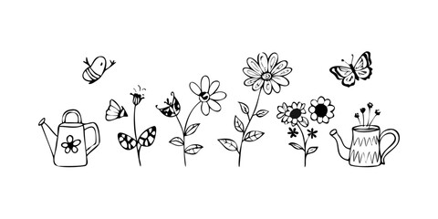 Whimsical Garden Doodles Watering Can Flowers Bees Cup © Ghgs