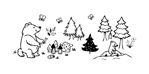 Whimsical forest scene with bears and pine trees mushroom