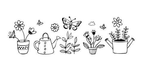 Whimsical Garden Scene with Watering Cans and Bees