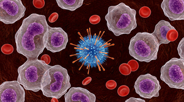 HIV virus attacking white blood cells illustration of viral infection medical concept