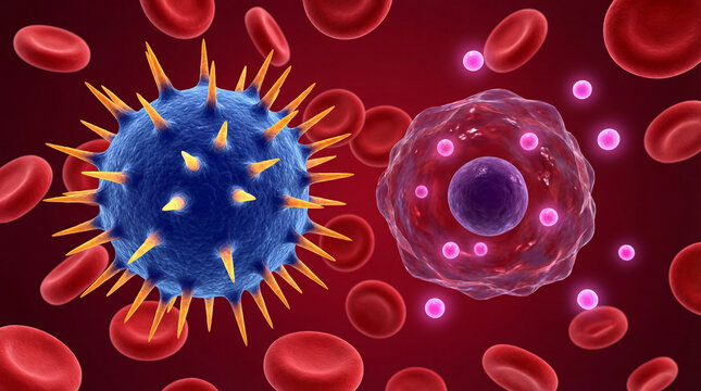 Virus attacking cell medical illustration of viral infection surrounded by red blood cells