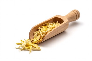 Dried lily flowers in wooden scoop on white background food ingredient concept