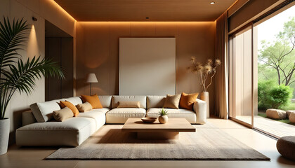 Fototapeta premium Cozy minimalist home interior with warm lighting and wooden furniture