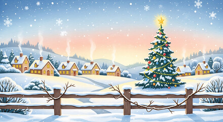 Snowy village landscape with Christmas tree for festive mood. Snowy village on Christmas Eve, decorated Christmas tree, small houses with smoking chimneys creating cozy winter scene.