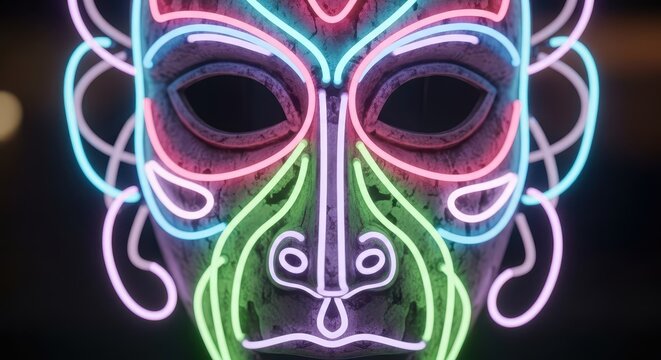 Intricate ritualistic face covering illuminated with vibrant neon light tubes in darkness - Powered by Adobe