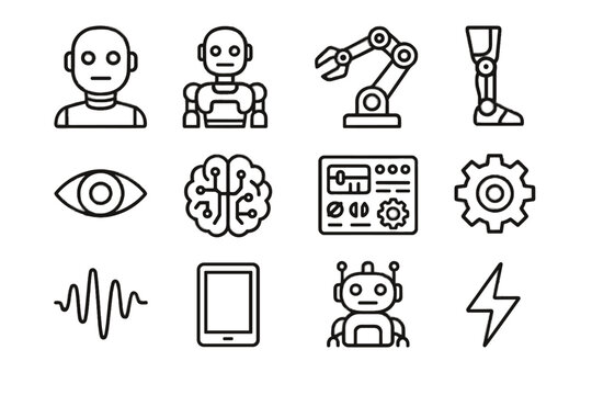 Speech icon robot humanoid power bolt wave icons ai vector mechanical eye