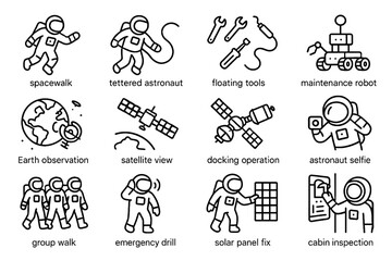 Tethered cabin orbital icons observation robot activities inspection floating maintenance icon vector