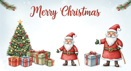 Merry Christmas illustration presents happy holiday scene with Christmas tree, Santa Claus figures, and colorful gifts. Merry Christmas theme conveys joyful winter holiday spirit,