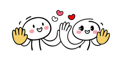 Yellow hands and pink hearts on white background high five