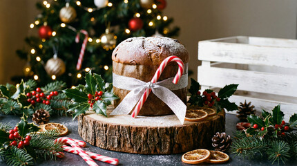Delicious panettone with Christmas decorations festive Italian sweet bread for holiday celebrations